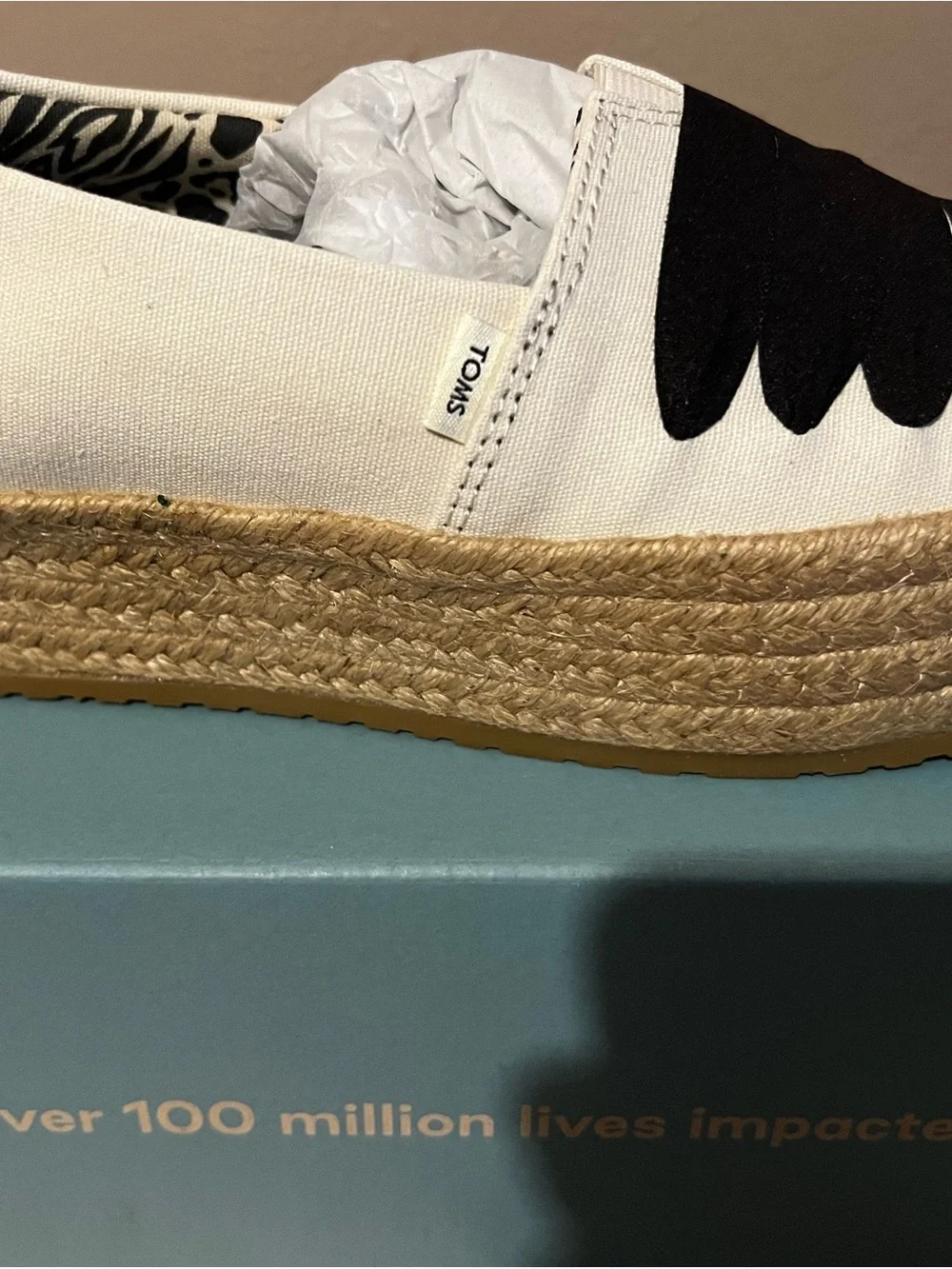 TOMS Women’s White Canvas Espadrille with Black Decorative Overlays
